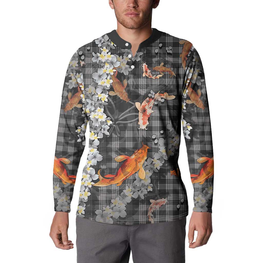 Black Palaka Hawaiian And Japanese Button Sweatshirt Sakura Lei With Koi Fish DT05 - Polynesian Pride