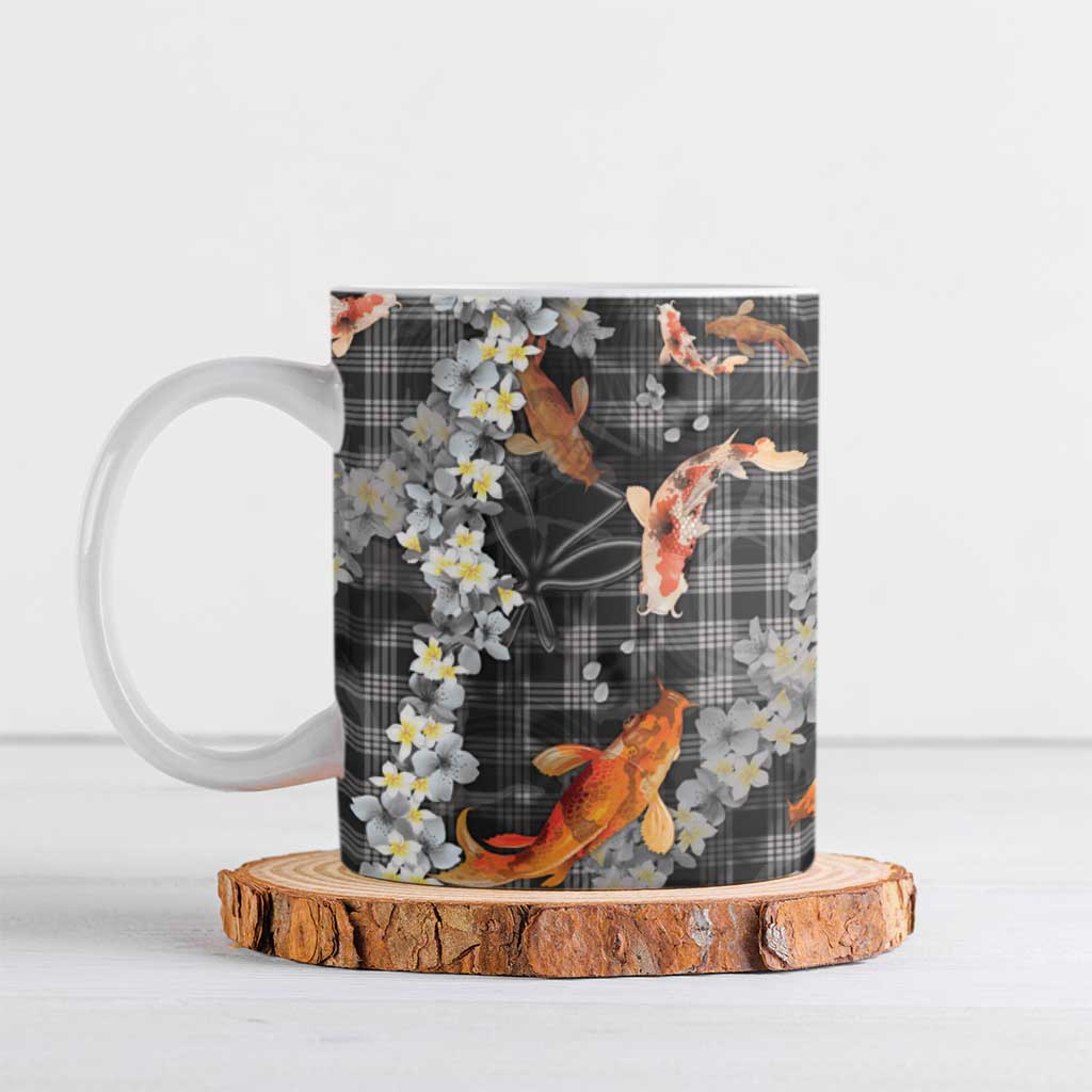 Black Palaka Hawaiian And Japanese Ceramic Mug Sakura Lei With Koi Fish DT05 Black - Polynesian Pride