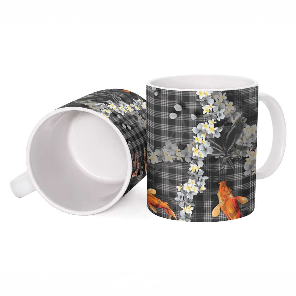 Black Palaka Hawaiian And Japanese Ceramic Mug Sakura Lei With Koi Fish DT05 - Polynesian Pride
