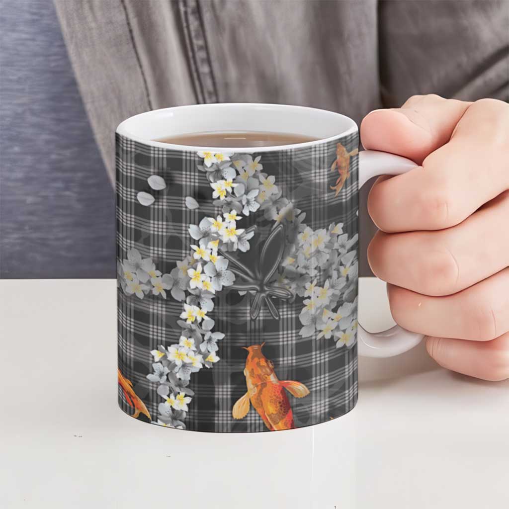 Black Palaka Hawaiian And Japanese Ceramic Mug Sakura Lei With Koi Fish DT05 - Polynesian Pride