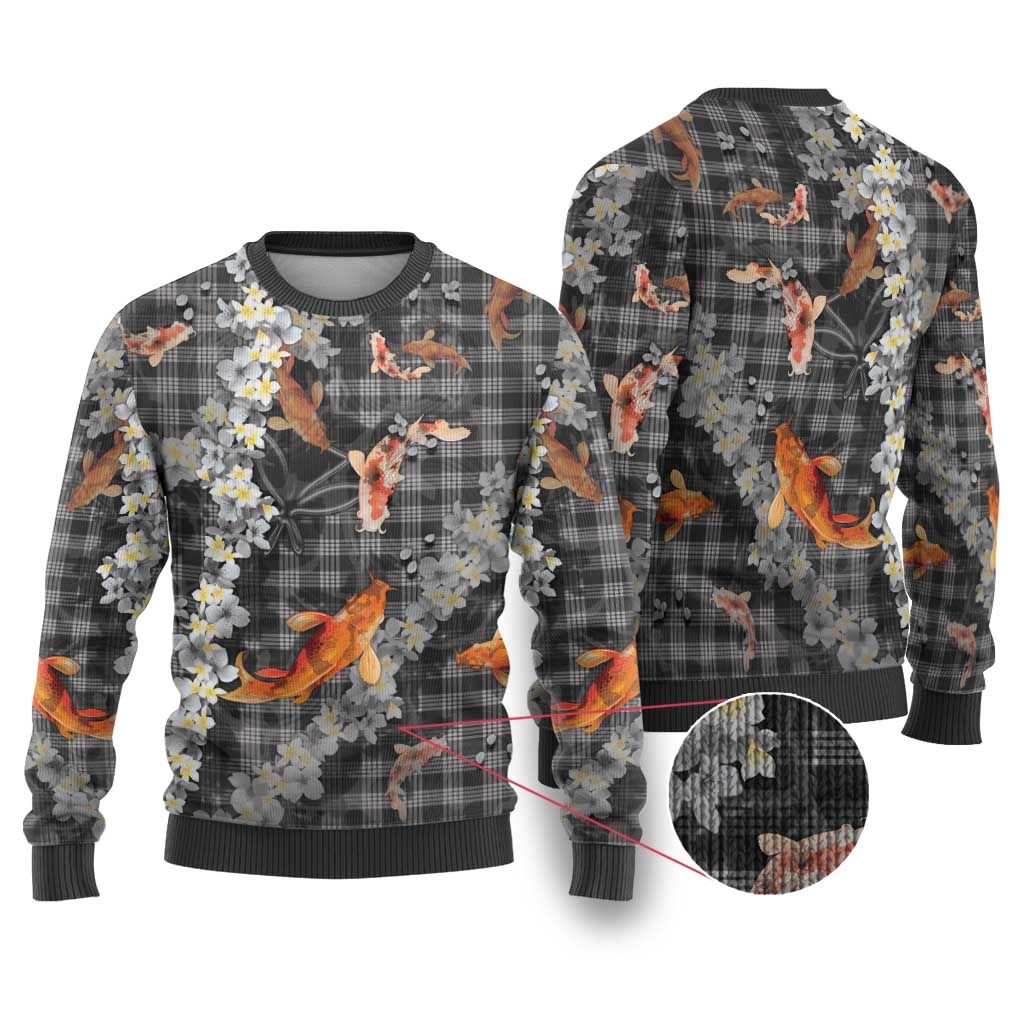Black Palaka Hawaiian and Japanese Ugly Christmas Sweater - Sakura Lei With Koi Fish DT05 Black - Polynesian Pride