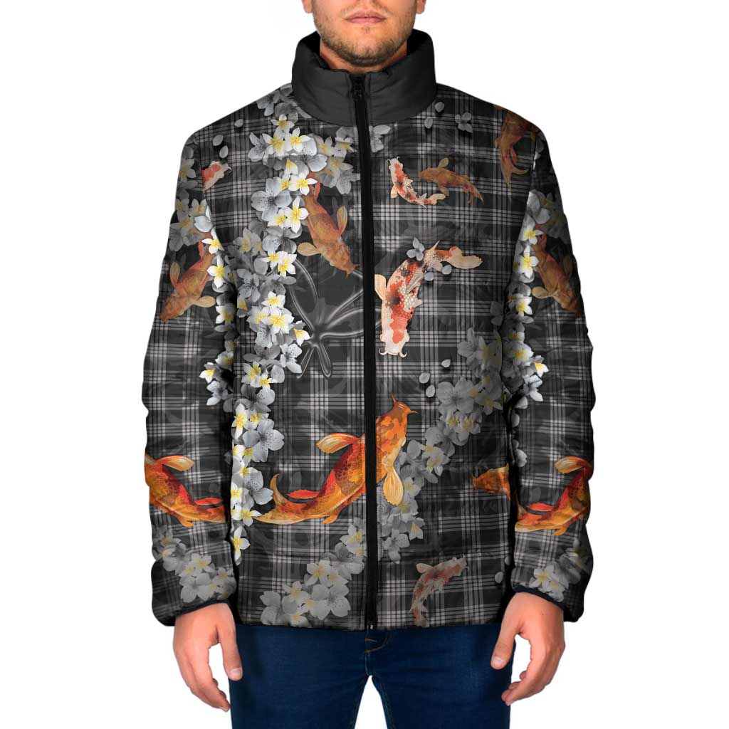 Black Palaka Hawaiian And Japanese Padded Jacket Sakura Lei With Koi Fish DT05 Men Black - Polynesian Pride