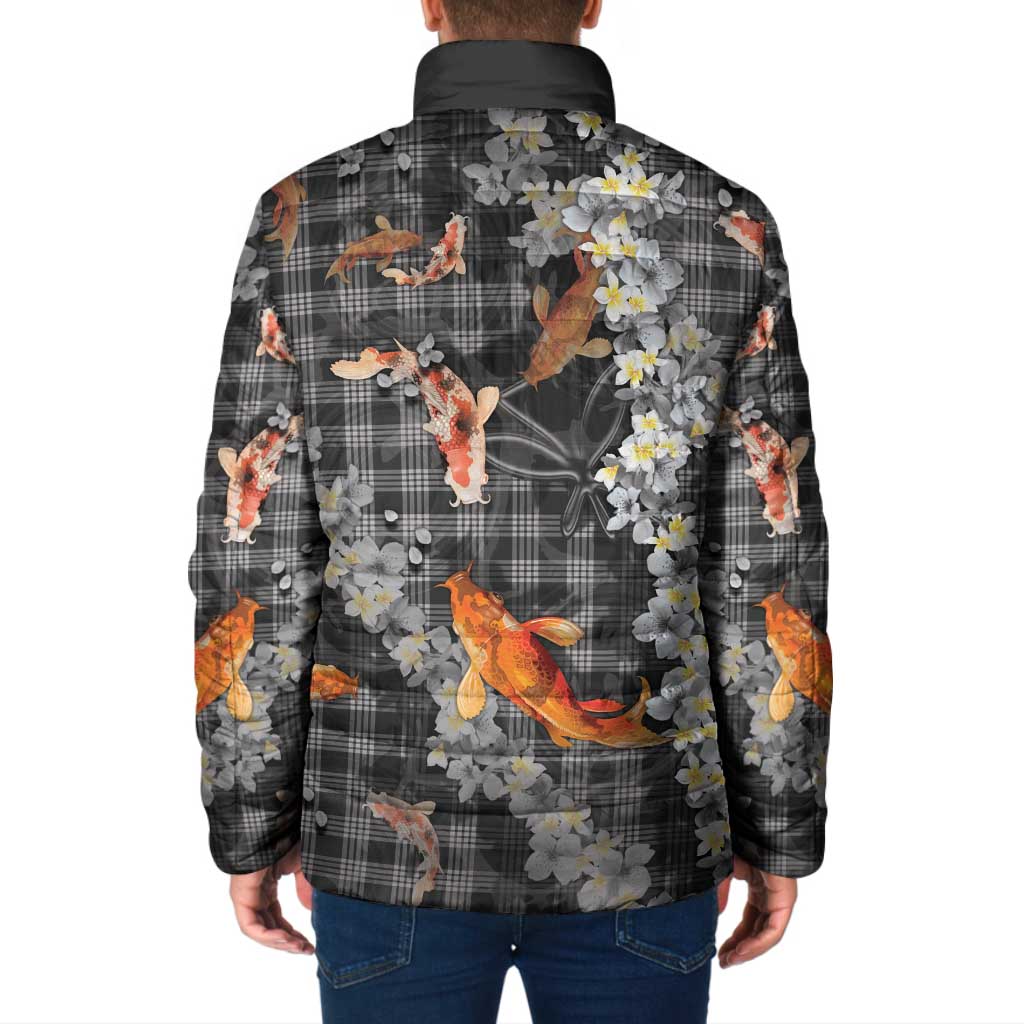 Black Palaka Hawaiian And Japanese Padded Jacket Sakura Lei With Koi Fish DT05 - Polynesian Pride