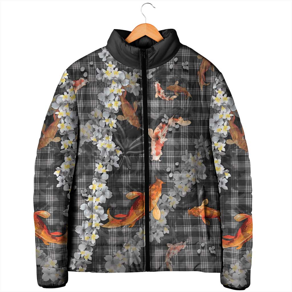 Black Palaka Hawaiian And Japanese Padded Jacket Sakura Lei With Koi Fish DT05 - Polynesian Pride