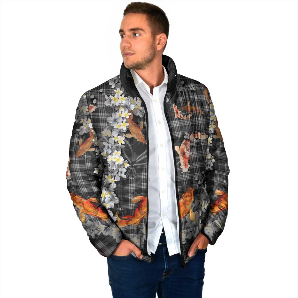 Black Palaka Hawaiian And Japanese Padded Jacket Sakura Lei With Koi Fish DT05 - Polynesian Pride