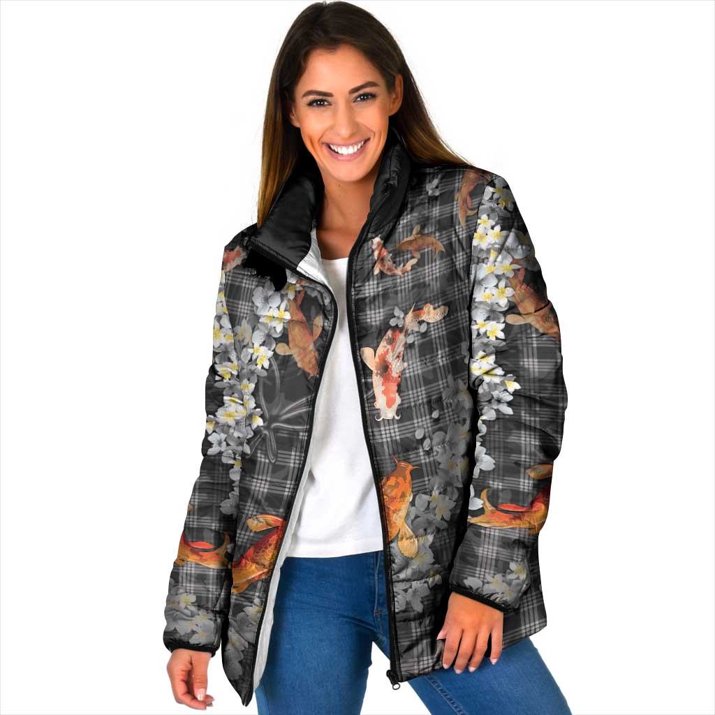 Black Palaka Hawaiian And Japanese Padded Jacket Sakura Lei With Koi Fish DT05 Women Black - Polynesian Pride