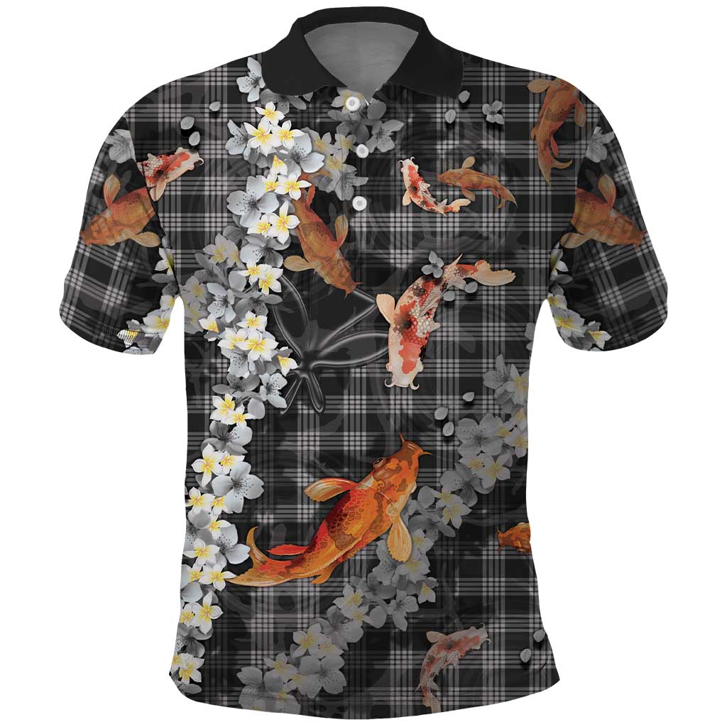 Black Palaka Hawaiian And Japanese Polo Shirt Sakura Lei With Koi Fish DT05 Black - Polynesian Pride