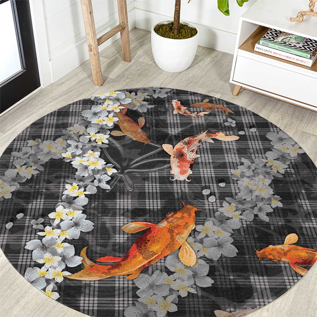 Black Palaka Hawaiian And Japanese Round Carpet Sakura Lei With Koi Fish DT05 Black - Polynesian Pride