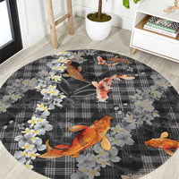 Black Palaka Hawaiian And Japanese Round Carpet Sakura Lei With Koi Fish DT05 Black - Polynesian Pride