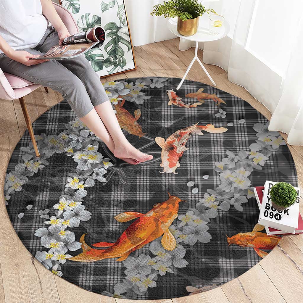 Black Palaka Hawaiian And Japanese Round Carpet Sakura Lei With Koi Fish DT05 - Polynesian Pride