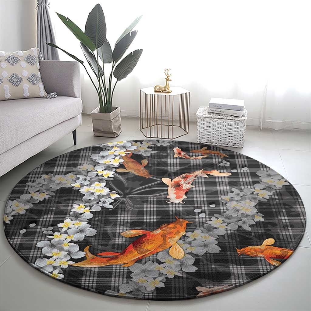 Black Palaka Hawaiian And Japanese Round Carpet Sakura Lei With Koi Fish DT05 - Polynesian Pride