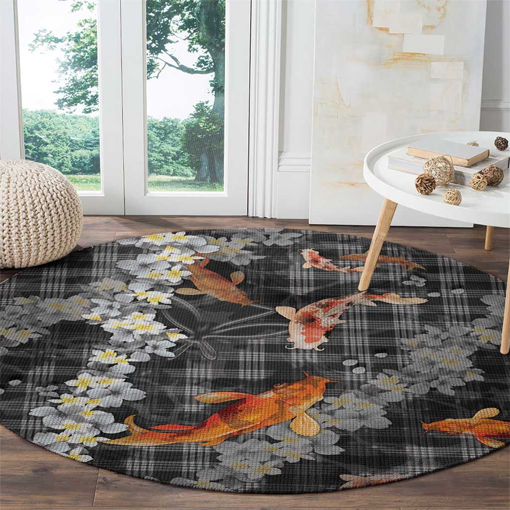 Black Palaka Hawaiian And Japanese Round Carpet Sakura Lei With Koi Fish DT05 - Polynesian Pride