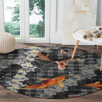 Black Palaka Hawaiian And Japanese Round Carpet Sakura Lei With Koi Fish DT05 - Polynesian Pride