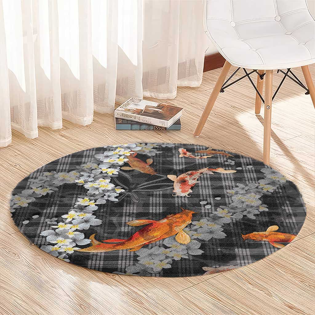 Black Palaka Hawaiian And Japanese Round Carpet Sakura Lei With Koi Fish DT05 - Polynesian Pride