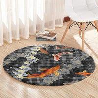 Black Palaka Hawaiian And Japanese Round Carpet Sakura Lei With Koi Fish DT05 - Polynesian Pride