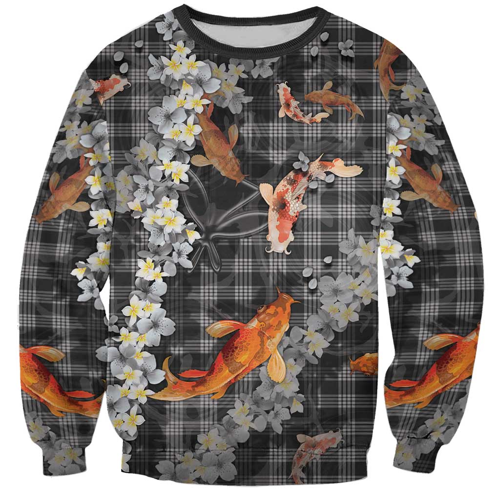 Black Palaka Hawaiian And Japanese Sweatshirt Sakura Lei With Koi Fish DT05 Unisex Black - Polynesian Pride