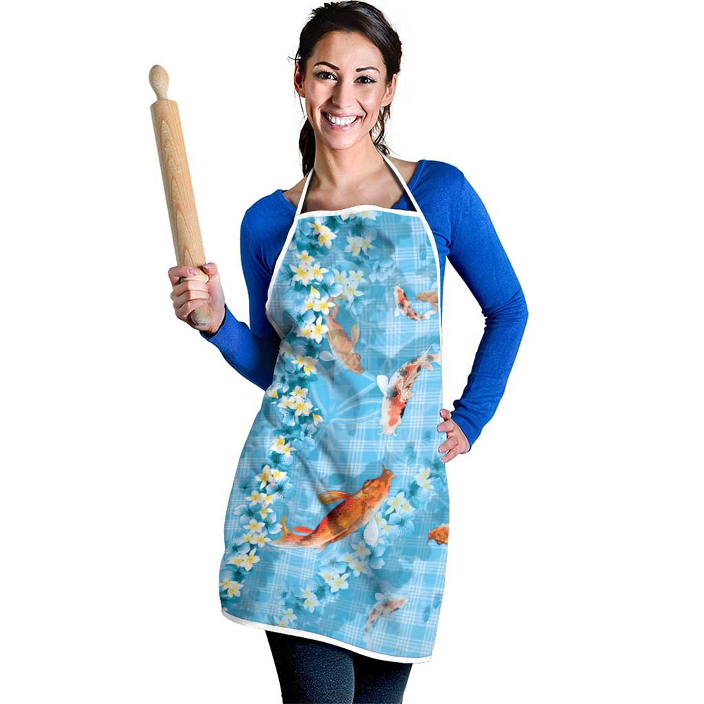 Blue Palaka Hawaiian And Japanese Apron Sakura Lei With Koi Fish DT05 - Polynesian Pride