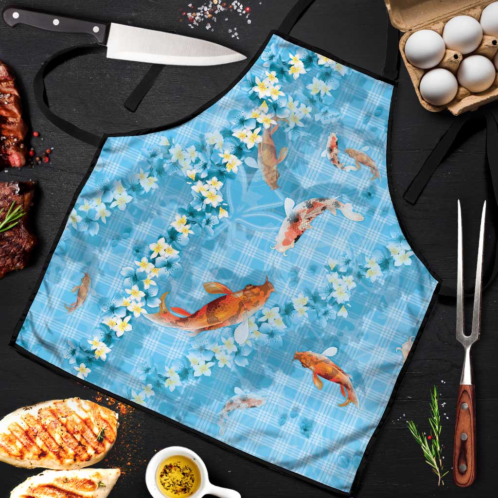 Blue Palaka Hawaiian And Japanese Apron Sakura Lei With Koi Fish DT05 Blue - Polynesian Pride