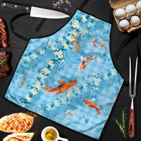Blue Palaka Hawaiian And Japanese Apron Sakura Lei With Koi Fish DT05 Blue - Polynesian Pride