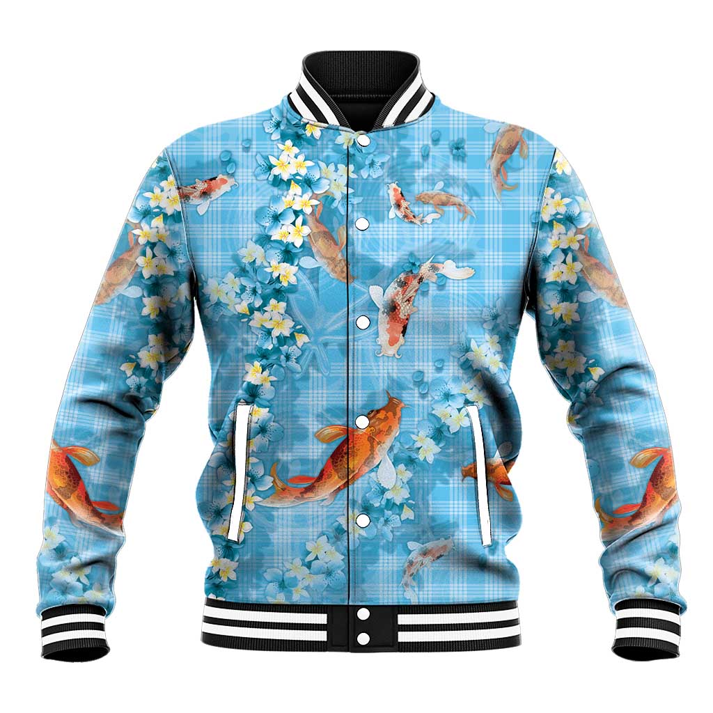 Blue Palaka Hawaiian And Japanese Baseball Jacket Sakura Lei With Koi Fish DT05 Unisex Blue - Polynesian Pride