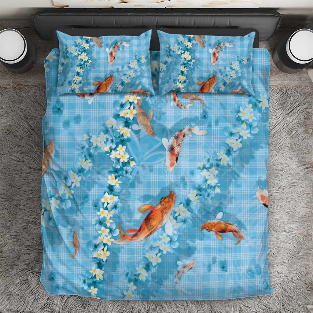Blue Palaka Hawaiian And Japanese Bedding Set Sakura Lei With Koi Fish DT05 Blue - Polynesian Pride
