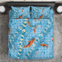 Blue Palaka Hawaiian And Japanese Bedding Set Sakura Lei With Koi Fish DT05 Blue - Polynesian Pride