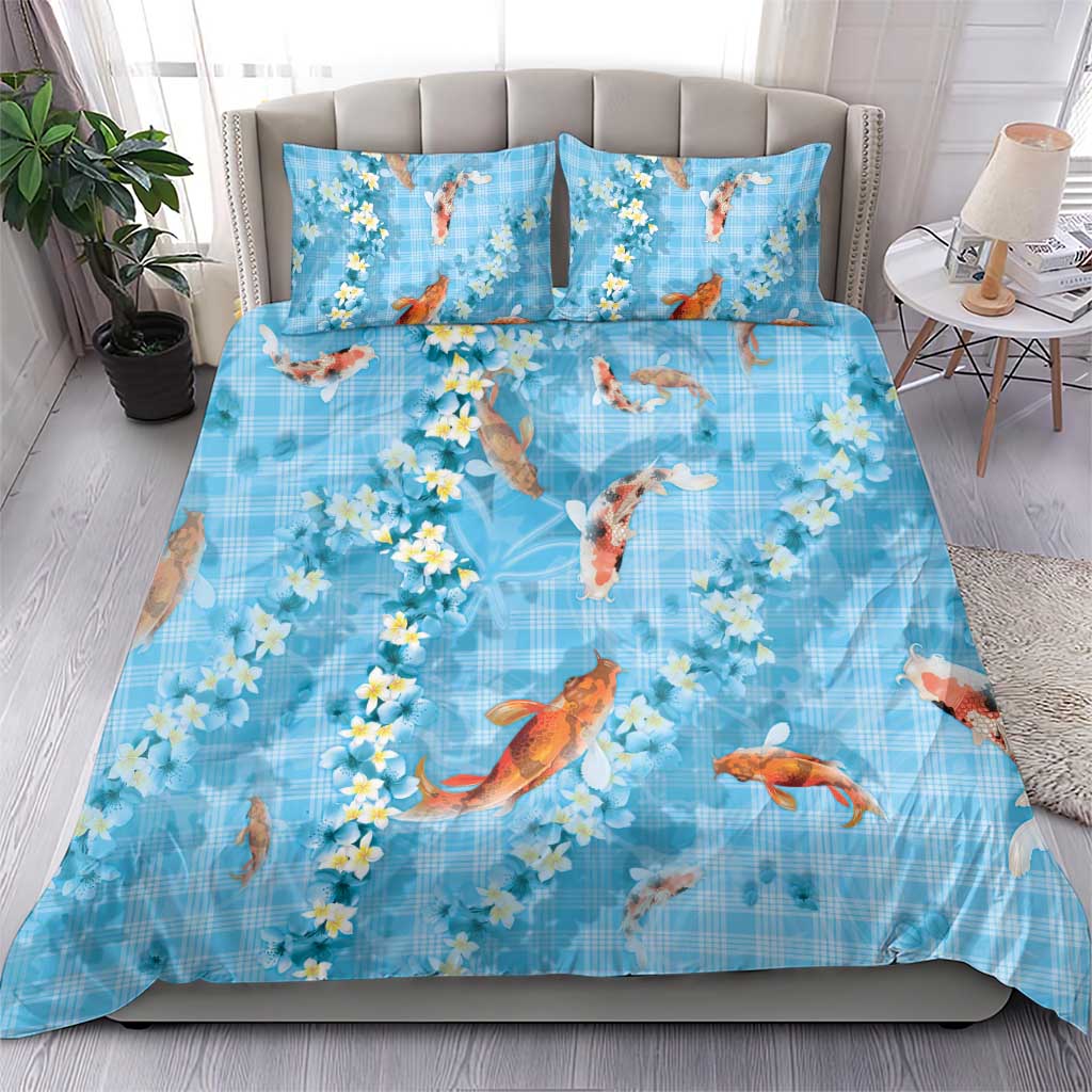 Blue Palaka Hawaiian And Japanese Bedding Set Sakura Lei With Koi Fish DT05 - Polynesian Pride