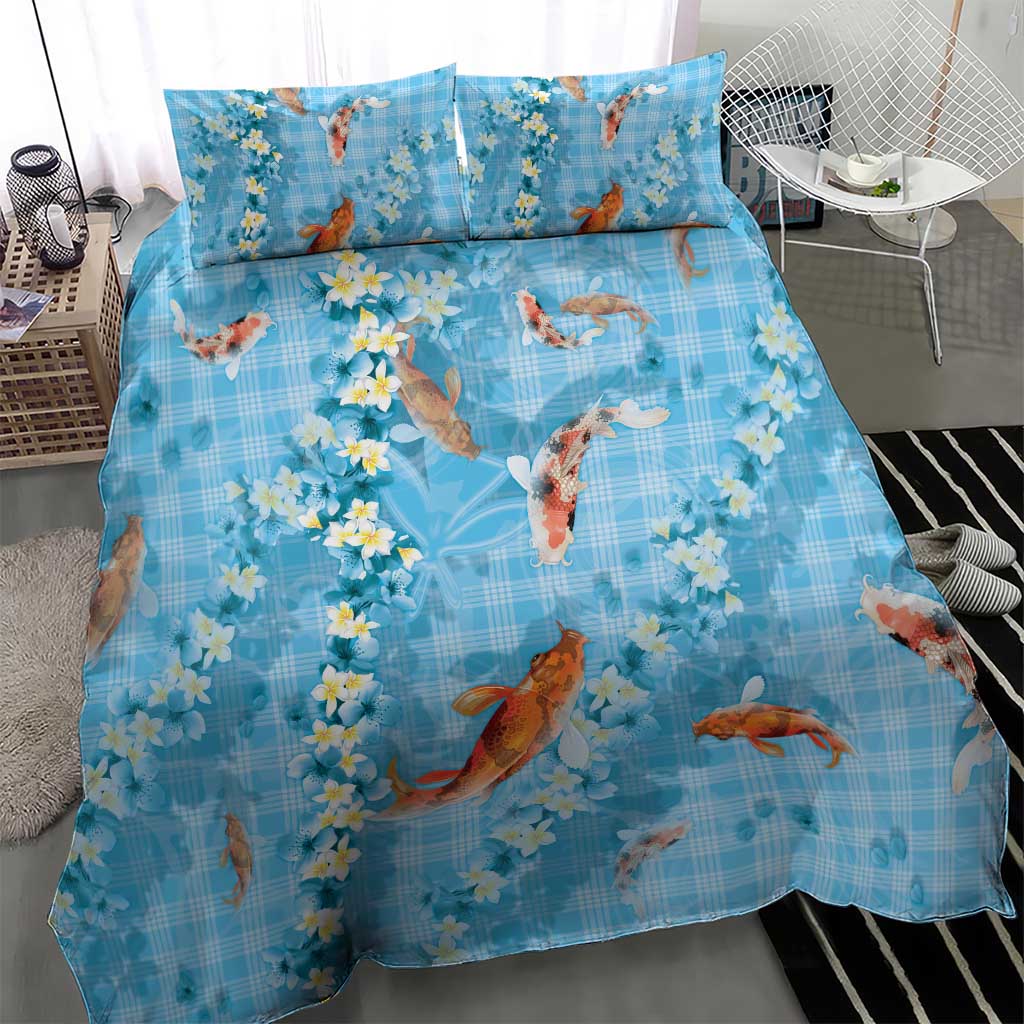 Blue Palaka Hawaiian And Japanese Bedding Set Sakura Lei With Koi Fish DT05 - Polynesian Pride