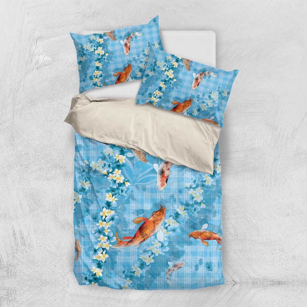 Blue Palaka Hawaiian And Japanese Bedding Set Sakura Lei With Koi Fish DT05 US Twin 172cm x 218cm Blue - Polynesian Pride