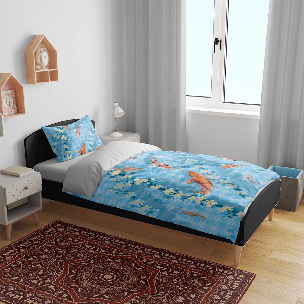 Blue Palaka Hawaiian And Japanese Bedding Set Sakura Lei With Koi Fish DT05 - Polynesian Pride