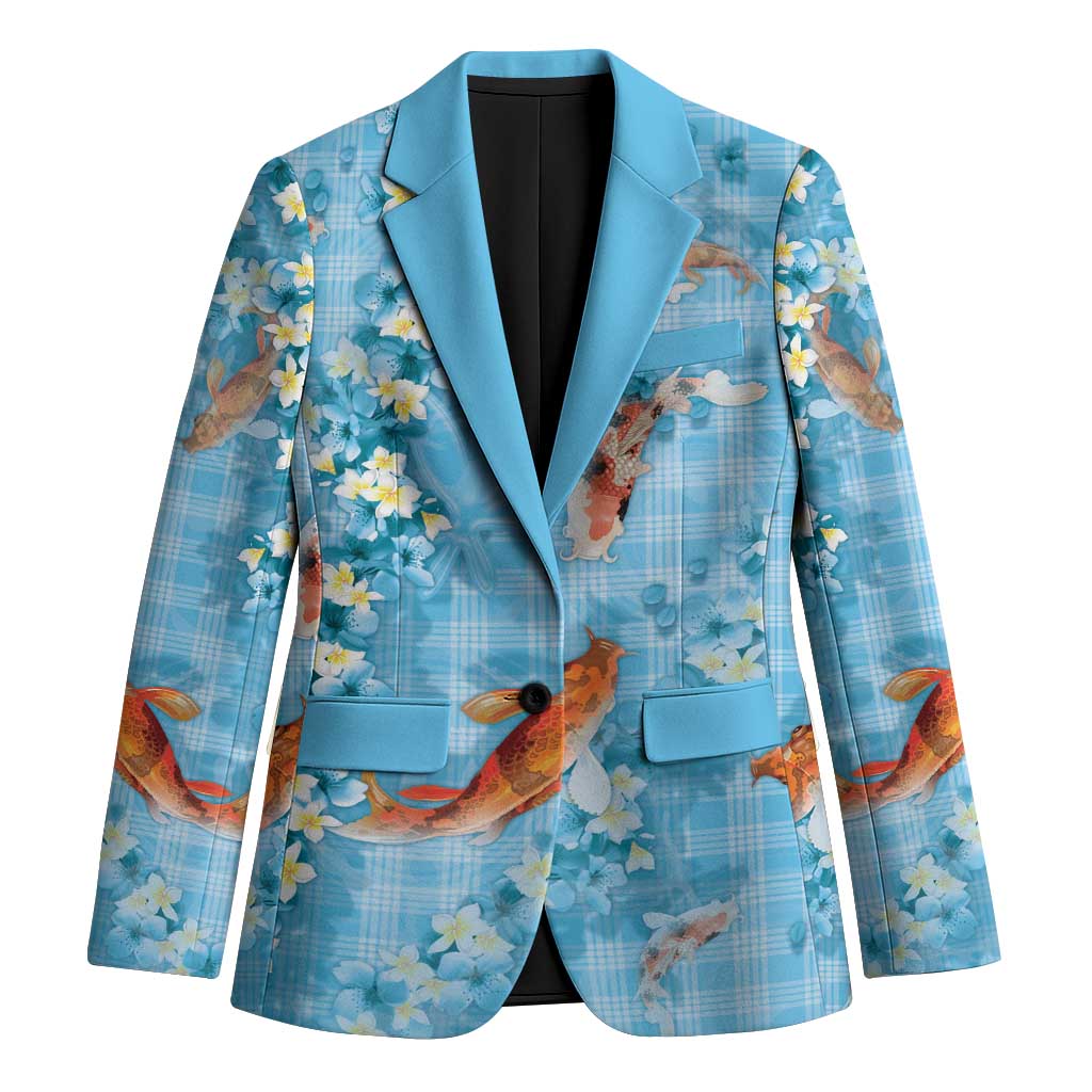 Blue Palaka Hawaiian And Japanese Blazer Sakura Lei With Koi Fish DT05 Unisex Blue - Polynesian Pride