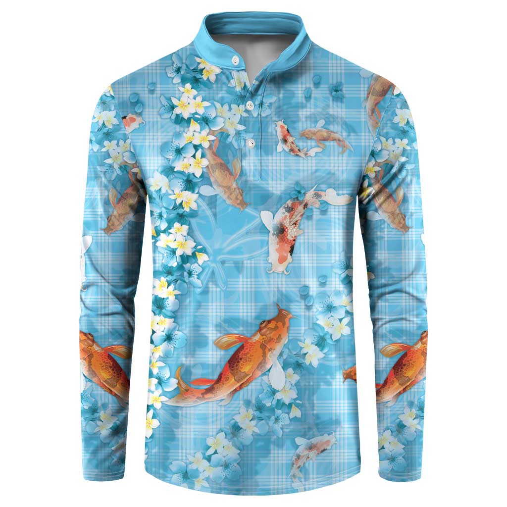 Blue Palaka Hawaiian And Japanese Button Sweatshirt Sakura Lei With Koi Fish DT05 Blue - Polynesian Pride