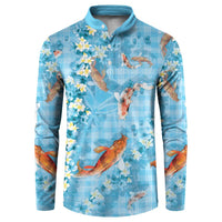 Blue Palaka Hawaiian And Japanese Button Sweatshirt Sakura Lei With Koi Fish DT05 Blue - Polynesian Pride