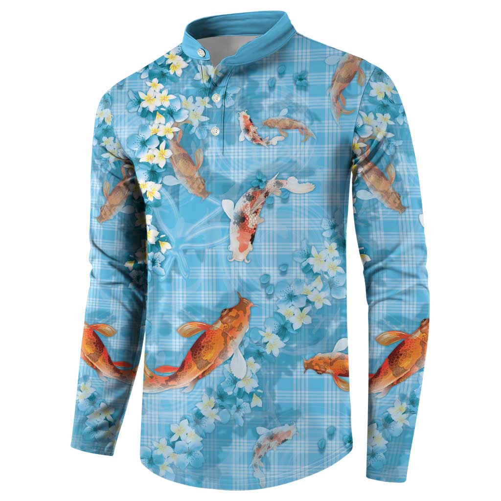 Blue Palaka Hawaiian And Japanese Button Sweatshirt Sakura Lei With Koi Fish DT05 - Polynesian Pride