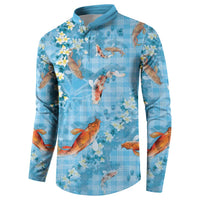 Blue Palaka Hawaiian And Japanese Button Sweatshirt Sakura Lei With Koi Fish DT05 - Polynesian Pride