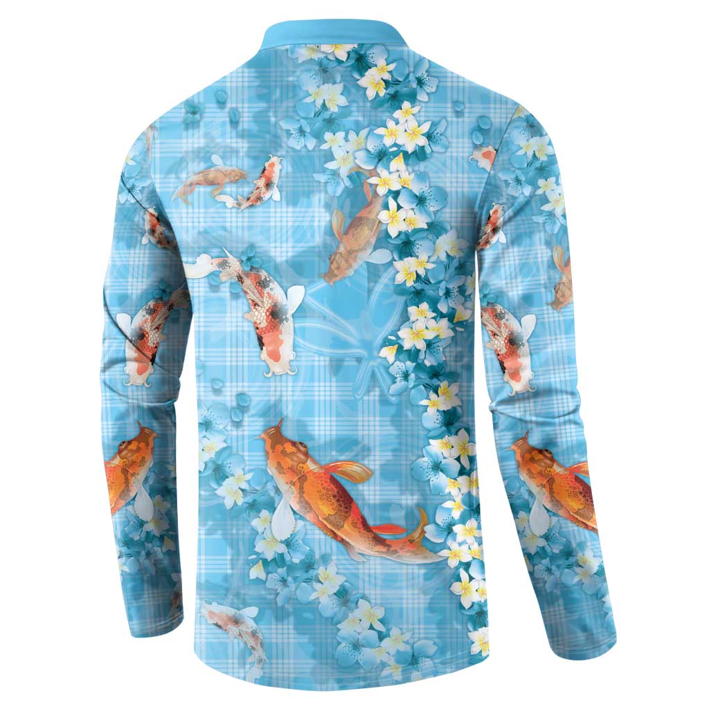 Blue Palaka Hawaiian And Japanese Button Sweatshirt Sakura Lei With Koi Fish DT05 - Polynesian Pride