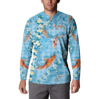 Blue Palaka Hawaiian And Japanese Button Sweatshirt Sakura Lei With Koi Fish DT05 - Polynesian Pride