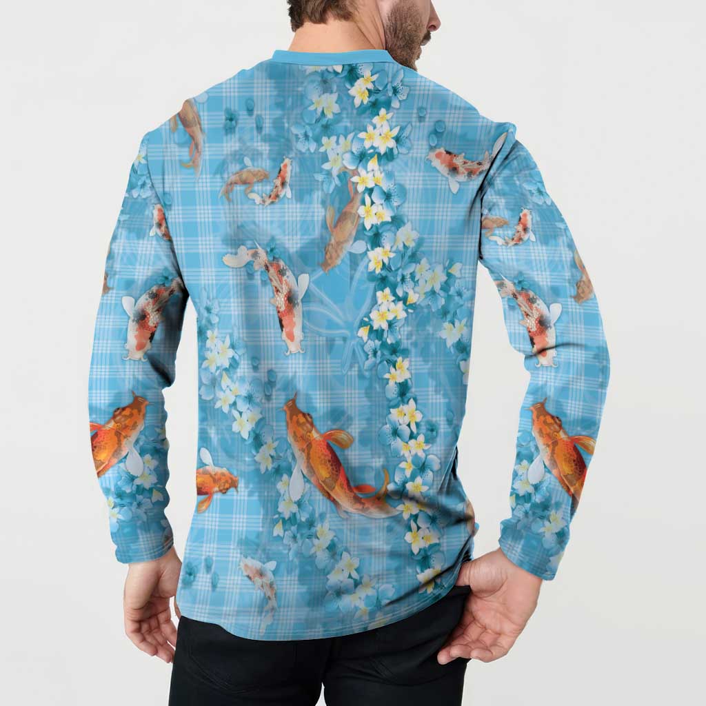 Blue Palaka Hawaiian And Japanese Button Sweatshirt Sakura Lei With Koi Fish DT05 - Polynesian Pride