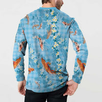 Blue Palaka Hawaiian And Japanese Button Sweatshirt Sakura Lei With Koi Fish DT05 - Polynesian Pride