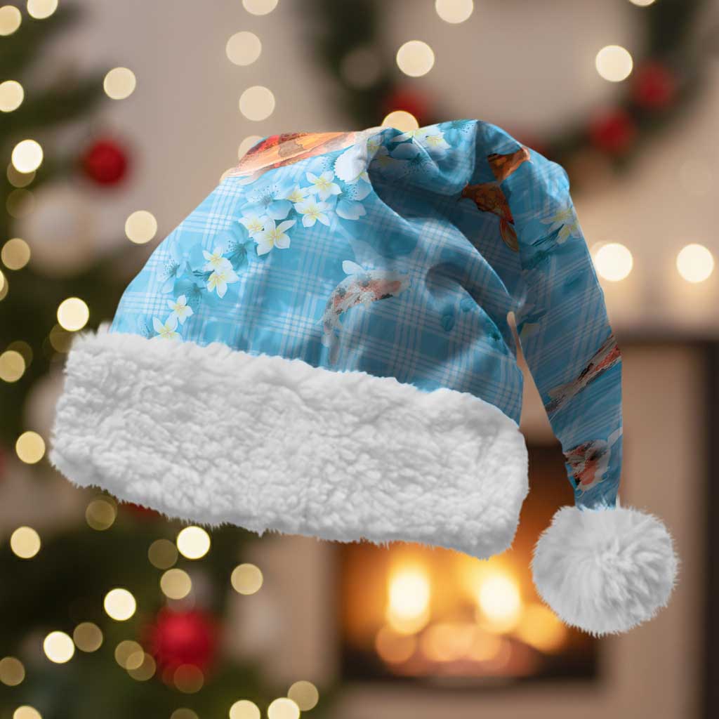 Blue Palaka Hawaiian And Japanese Christmas Santa Hat Sakura Lei With Koi Fish DT05 With Fur Blue - Polynesian Pride