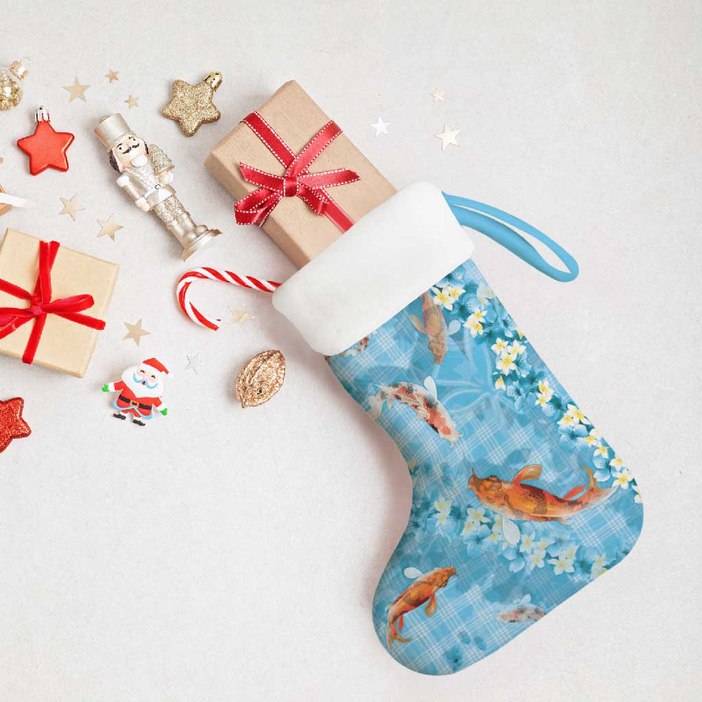 Blue Palaka Hawaiian And Japanese Christmas Stocking Sakura Lei With Koi Fish DT05 - Polynesian Pride