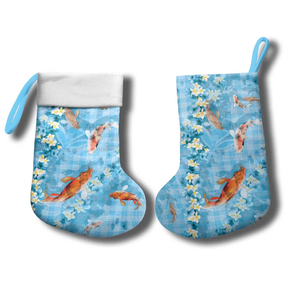 Blue Palaka Hawaiian And Japanese Christmas Stocking Sakura Lei With Koi Fish DT05 - Polynesian Pride