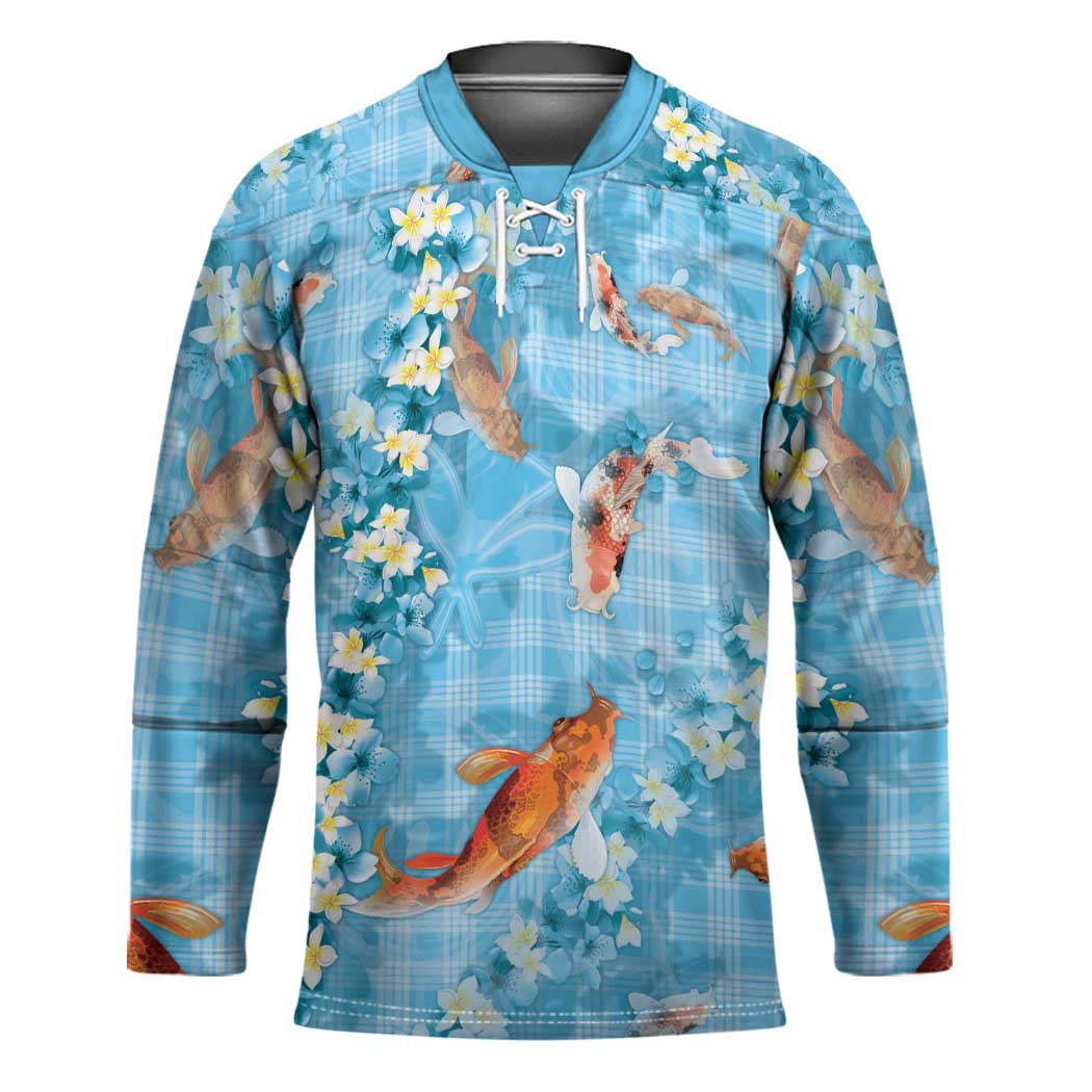Blue Palaka Hawaiian And Japanese Hockey Jersey Sakura Lei With Koi Fish DT05 Unisex Blue - Polynesian Pride