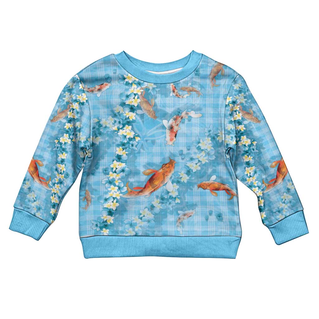 Blue Palaka Hawaiian And Japanese Kid Ugly Christmas Sweater Sakura Lei With Koi Fish DT05 Kid Blue - Polynesian Pride