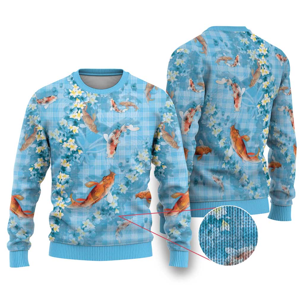 Blue Palaka Hawaiian And Japanese Ugly Christmas Sweater Sakura Lei With Koi Fish DT05 Blue - Polynesian Pride
