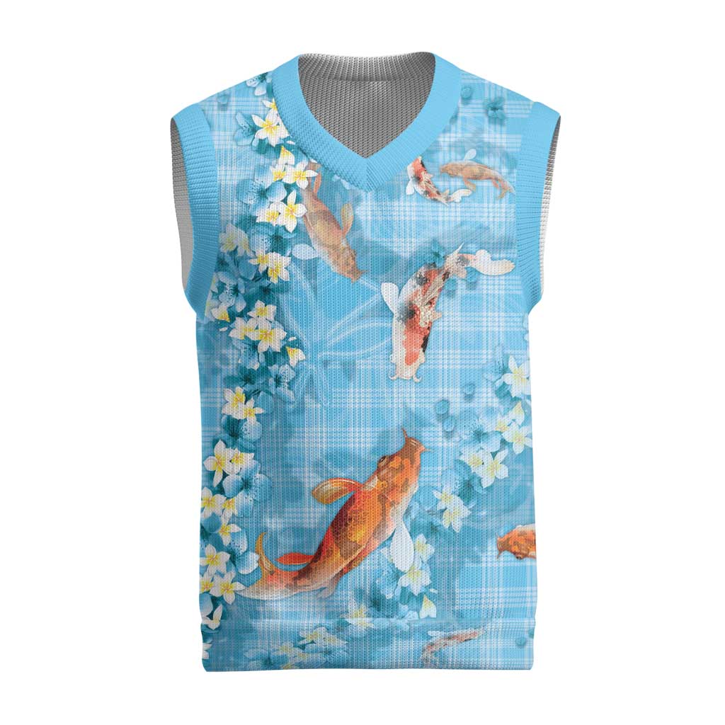 Blue Palaka Hawaiian And Japanese Christmas Knitted V-Neck Vest Sakura Lei With Koi Fish DT05 Blue - Polynesian Pride