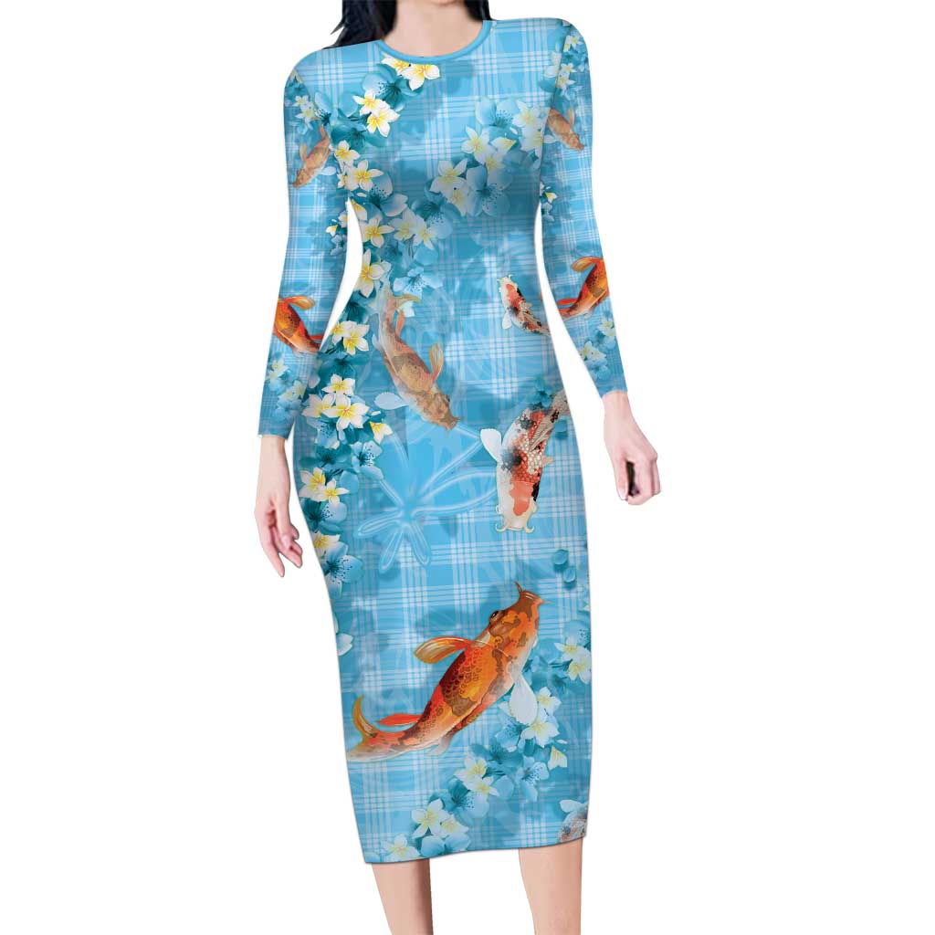 Blue Palaka Hawaiian And Japanese Long Sleeve Bodycon Dress Sakura Lei With Koi Fish DT05 Long Dress Blue - Polynesian Pride