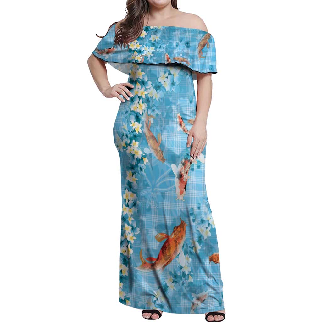 Blue Palaka Hawaiian And Japanese Off Shoulder Maxi Dress Sakura Lei With Koi Fish DT05 Women Blue - Polynesian Pride