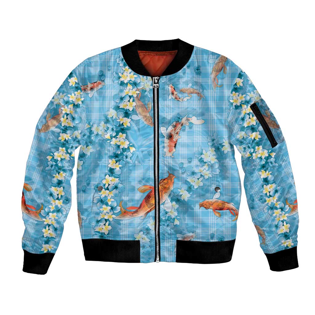 Blue Palaka Hawaiian And Japanese Sleeve Zip Bomber Jacket Sakura Lei With Koi Fish DT05 Unisex Blue - Polynesian Pride