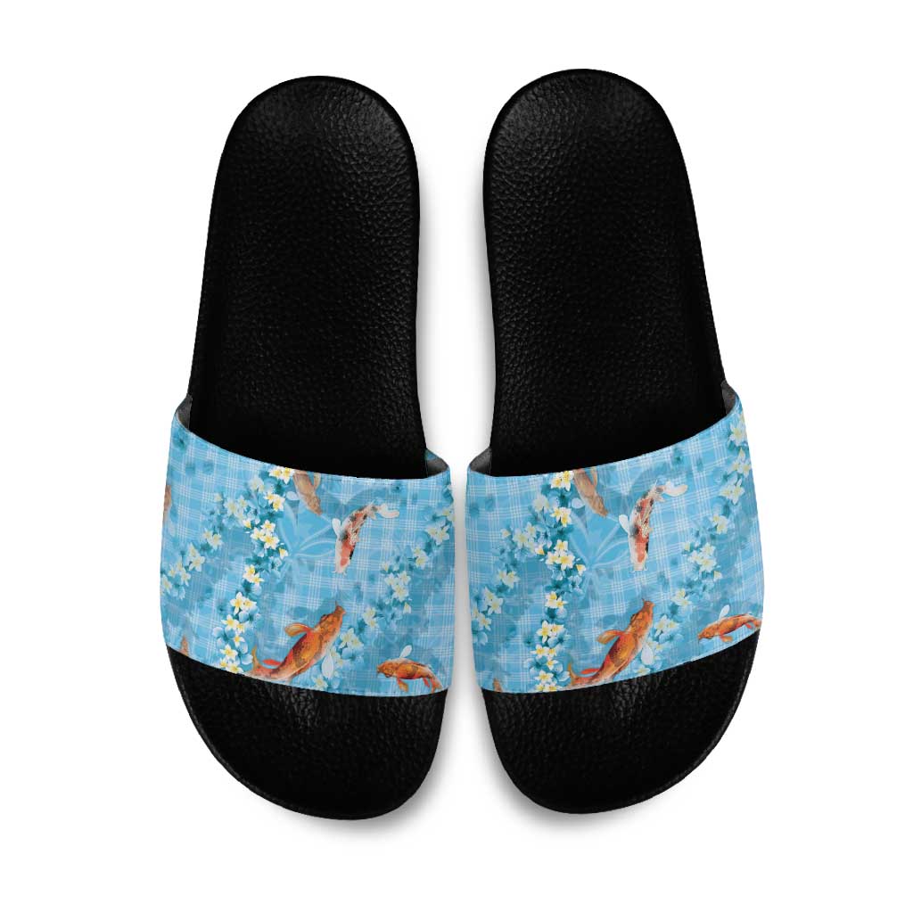 Blue Palaka Hawaiian And Japanese Slide Sandals Sakura Lei With Koi Fish DT05 Blue - Polynesian Pride